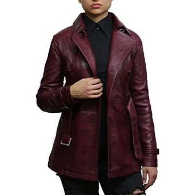 Image of Women&#039;s Burgundy Superior Leather Biker Jacket Coat Vintage Retro Design