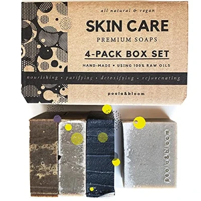 Image of Soap Bar Men Organic Vegan Pack 4 Essential Bars Black, Dead Sea, Green Clay &amp; Mineral Infused Pure Raw Oils Blend Mens Natural