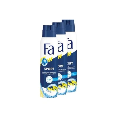 Image of FA Sport Deodorant Spray (3 x 150 ml), with the Invigorating Fresh Fragrance of Green Citrus, Vegan Formula, Stops Bacteria, No Aluminium Salts, Up to 48 Hours Protection