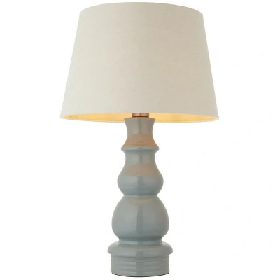 Image of Provence &amp; Cici Base Shade Table Lamp Blue Grey Glaze, Satin Nickel Plate Ivory Linen Fabric