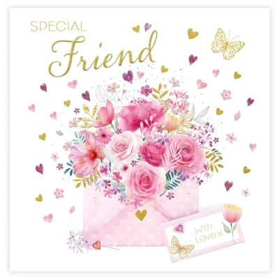 Image of Friend Birthday Card Special Female/For Her Flowers, Hearts and Butterflies Artistic Floral Design Made in the UK Eco Friendly