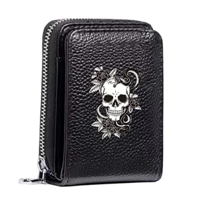 Image of Women&#039;s RFID Blocking Leather Small Compact Bi fold Zipper Pocket Wallet Card Case Purse with ID Window (Skull)
