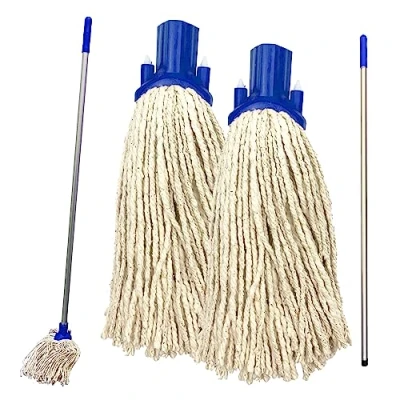 Image of Floor Mop Handle with 2 Heads Set 120cm Long Aluminium and Pack of String Replacement Cleaning (Blue)