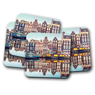 Image of 4 Set Amsterdam Canal Coaster Travel Netherlands Dutch Houses #15380