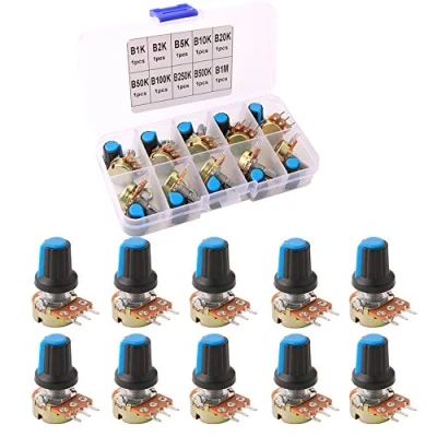 Image of QitinDasen 10Pcs Premium Linear Rotary Taper Potentiometer, Adjustable 3 Terminal with Knob Cap and Washer (B1K～B1M Ohm)