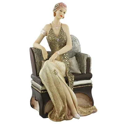 Image of Art Deco &quot;Broadway Belles&quot; Seated Lady Gold Glitter Dress Figurine Ornament 25cm