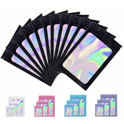 Image of Rimiko 100pcs Ziplock Mylar Bags with Clear Window, Aluminum Foil Sample Bags, Resealable Holographic Self Sealing Pouches for Packaging and Food Storage (Holographic Black, 4.7&quot;x7.9&quot;)