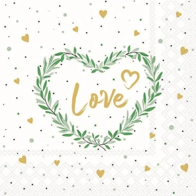 Image of 20 Napkins Wedding &amp; Love in Green Heart as Table Decoration Paper with Motif Also for Decoupage and 33 x cm