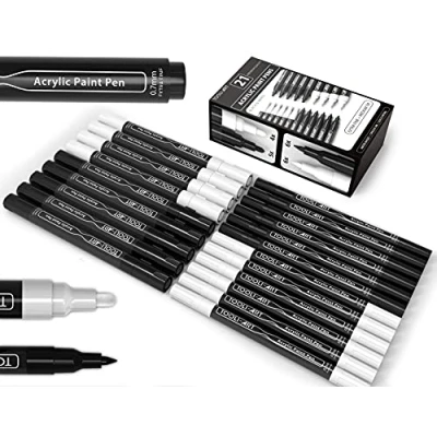Image of TOOLI ART Black And White Acrylic Paint Markers Pens Set For Rock Painting, Canvas, Mugs, Metal, Glass Paint, Fabric, Wood, DIY. Non Toxic, Quick Dry,Waterbased (EXTRA FINE + MEDIUM)