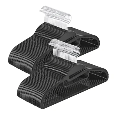 Image of SONGMICS Set of 50 Plastic Hangers, Coat Hangers with U Shaped Opening, Non Slip, Space Saving, 0.5 cm Thick, 41.5 Long, 360 Swivel Hook, Black CRP041B05