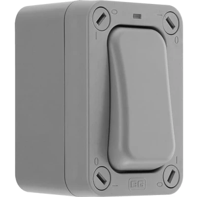 Image of BG Electrical Outdoor Slim Single Wall Switch with LED Indicator, Weatherproof, Grey, Nexus Storm, 2 Way, 20A, IP66 Rated, WP12S