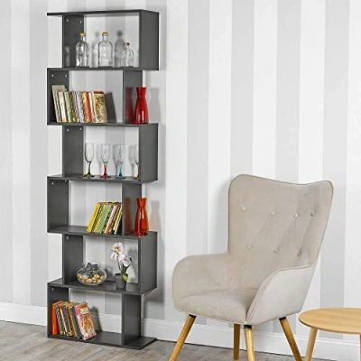 Image of URBNLIVING Wooden S Shaped Display Bookcase Storage Divider Unit (Black, 6 Tier)