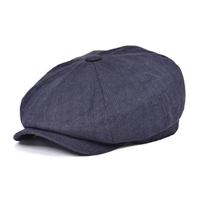 Image of BOTVELA Men&#039;s Linen Newsboy Cap Herringbone Breathable Summer Hat, Navy, 7/7 1/8
