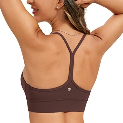 Image of CRZ Yoga Butterluxe Y Back Longline Sport Bra for Women Light Gym Spaghetti Straps Padded Comfort Scoop Neck Fitness Crop Tops Taupe M