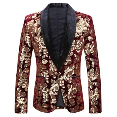 Image of PYJTRL Men Fashion Velvet Sequins Floral Pattern Suit Jacket Blazer (Wine red 01, XS)