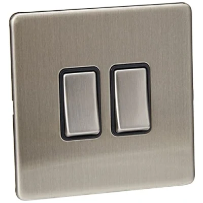 Image of AET SL2GSWIBS Screwless Satin Chrome Flat 2 Gang 10 Amp Black Insert Metal Rocker Switch