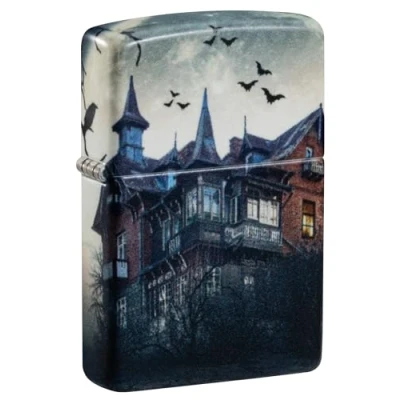 Image of Zippo Windproof Lighter Horror House Design Glow in The Dark Refillable for Lifetime Use Gift Box Metal Construction Made USA, Gray, One Size