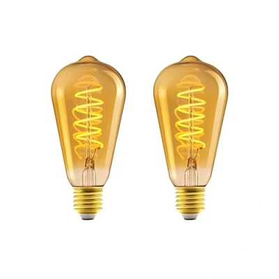 Image of Amazon Basics E27 Vintage LED Bulb, Antique Style Retro Amber Glass, ST64, 4W (equivalent to 25 W), Pack of 2, 1800K Ultra Warm Light For Decoration
