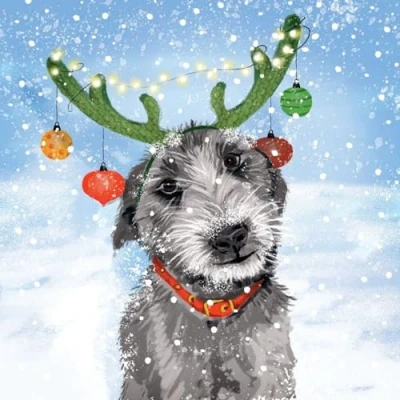 Image of Macmillan Charity Christmas Cards Pack of 8 Dog with Antlers Artistic Festive Design Reindog by Karen Kane Made in the UK Eco Friendly