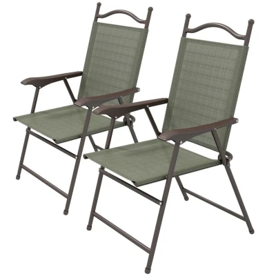 Image of Outsunny Folding Chairs Set of 2, Garden Chair with Armrest, Breathable Mesh Fabric Seat, Patio Camping Sports for Adults, Dark Brown