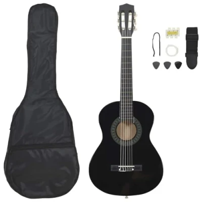 Image of vidaXL Classical Beginner Guitar Set: Black 34&quot; Nylon String Acoustic Guitar, Bag, Strap, Picks, Pitch pipe and Strings included