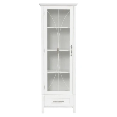 Image of Teamson Home Delaney Bathroom Wooden Free Standing Tall Slim Linen Storage Cabinet Tower White 7961 With Glass Panel Door