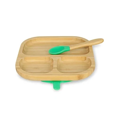 Image of BIOZOYG Bamboo Square Plate Set I Suction Cup with Spoon FSC Certified Cute Wooden Bowl Toddler Kids &amp; Snack Baby Tableware Green
