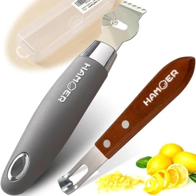 Image of HAMOER Citrus Lemon Zester &amp; Channel Knife Tool for Kitchen Bar, Stainless Steel Blade, Ergonomic Design, Wooden Handle Rubber Plastic Set