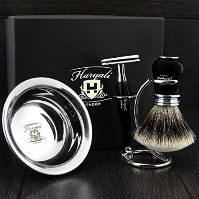 Image of Ready to Use 4 Pcs Men&#039;s Shaving Set with Double Edge Safety Razor, Sliver Tip Badger Hair Brush, Stand and Steel Soap Bowl