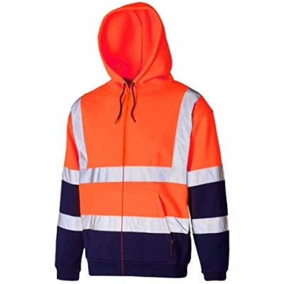 Image of Hi Vis Viz Hooded Sweatshirt High Visibility Reflective Tape Band Work Fleece Safety Sweat Shirts Security Jacket Workwear Hoodie Wear Hoody Jumper Top (Zip Orange/Navy, L)
