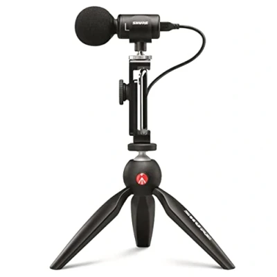 Image of Shure MV88+ Video Kit Digital Stereo Condenser Microphone for Apple and Android, with Manfrotto PIXI Tripod, Phone Clamp, Mount, iOS USB C Cables Next Level Compatibility Connectivity