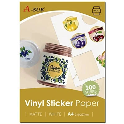 Image of A SUB White Matte Premium Waterproof Printable Vinyl Sticker Paper, Self Adhesive Labels for Inkjet Printers, A4 Size, 100 Sheets