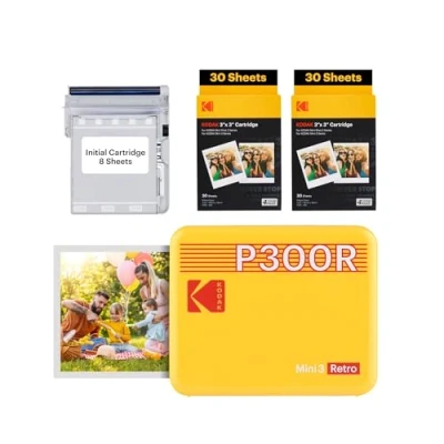 Image of KODAK Mini 3 Retro 4PASS Portable Photo Printer (7.5 x 7.5 cm), Pack of 68 Sheets, Yellow