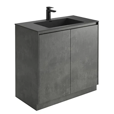 Image of Urban Grey Bathroom Sink Unit Vanity &amp; Black Basin Floorstanding Storage Cabinet Soft Close Doors 900mm