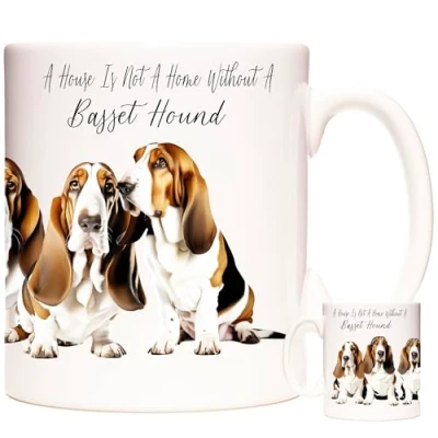 Image of Basset Hound GIFT MUG, a House Is Not Home without Hound. 11oz ceramic Coffee Mug. Dog lover&#039;s gift. Photo Mug