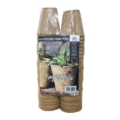 Image of Kingston Tools Round Fibre Pots 6cm Gardening Pot — Peat Free Biodegradable Wood Pulp Ideal for Seeds, Seedlings and Cutting Pack of 48