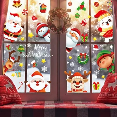 Image of Christmas Window Stickers,120 Pcs Clings, 9 Sheets Reusable Xmas Decalsfor Glass White Snowflake Stickers Double Sided for Decorations