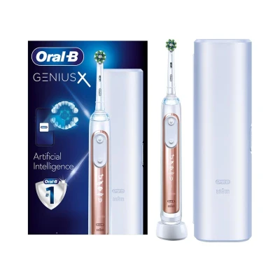 Image of Oral B Genius X Electric Toothbrush with Artificial Intelligence, App Connected Handle, 1 Head &amp; Travel Case, 6 Mode Display Teeth Whitening, 2 Pin UK Plug, Rose Gold