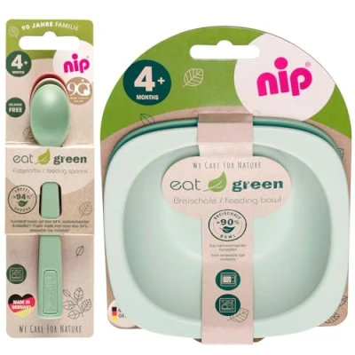 Image of NIP Eat Green Crockery Set from 4th Months, 2 Porridge Bowls + 3 Eco Organic Baby Spoons, Made in Germany, Dishwasher Safe, Suitable for The Microwave