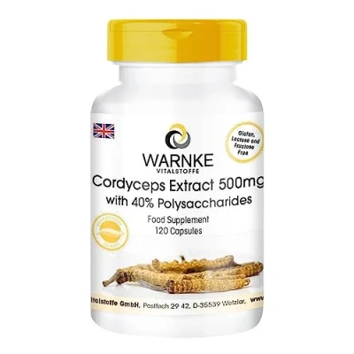 Image of Cordyceps Extract 500 mg 120 Capsules, standardized to 40% polysaccharides, Vegan Warnke Vitalstoffe German Pharmacy Quality