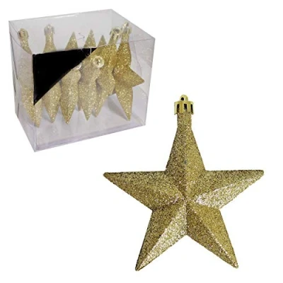 Image of Pack of 6 3D Glittery Stars Hanging Christmas Tree Decorations 10cm Shining in Red Gold or Silver (Gold)