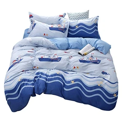 Image of Loussiesd Ocean Duvet Cover Set Single Size 2 Pieces Nautical Cartoon Starfish Bedding Lovely Blue Comforter with 1 Pillowcases Sea Wave Zipper Soft Breathable Microfiber Bedspread
