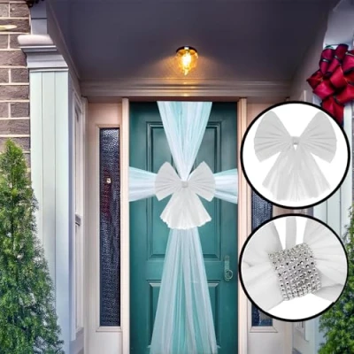 Image of SIL Interiors Decorative Tulle &amp; Diamante Christmas Xmas Festive Door Bow Decoration (White)