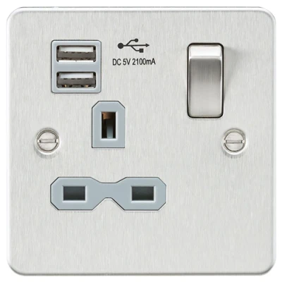 Image of KnightsBridge Flat plate 13A 1G switched socket with dual USB charger (2.1A) brushed chrome grey insert