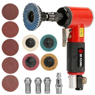 Image of SI FANG 16Pcs Right Angle Air Die Grinder Kit with 1/4&quot; 1/8&quot; Collets 2 Inch Quick Change Roll Lock Sanding Discs Mix Set Accessories, 20,000RPM Pneumatic Grinding Tools Sander (Red)
