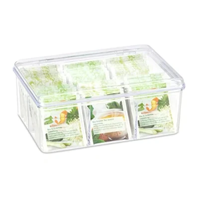 Image of Relaxdays 10027797 Tea Box, 6 Compartments, 90 Teabags with Hinged Lid, Flavour Preserving, HxWxD 9 x 21.5 14.5 cm, Transparent, PS