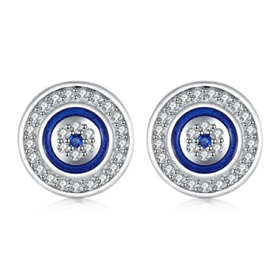 Image of Round Blue Evil Eye Stud Earrings Dia.10mm Sterling Silver 925 White Cubic Zirconia with Enamel