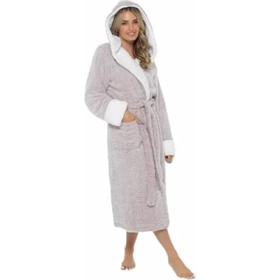 Image of KATE MORGAN Ladies Soft &amp; Cosy Long Pile Hooded Dressing Gown (Medium, Rose/Sherpa)