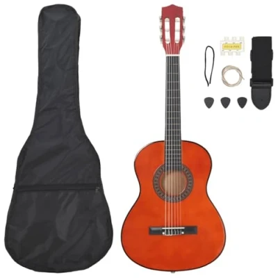 Image of vidaXL Classical Guitar Kids and Beginners Set 3/4 36&quot;, Complete Package with Bag, Strap, Picks, Pitch Pipe, Strings Included, Dark Wood Finished Basswood