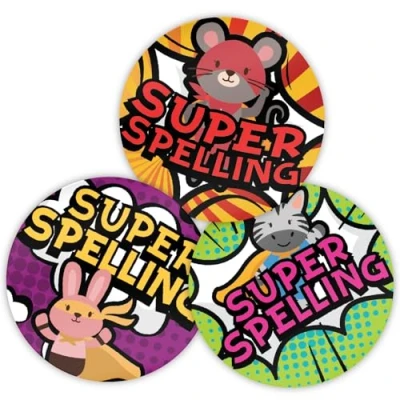 Image of Stone Melon School Reward Stickers 144 Spelling Superhero 30mm Round Hero Awards Nursery Teachers Parents Children Kids